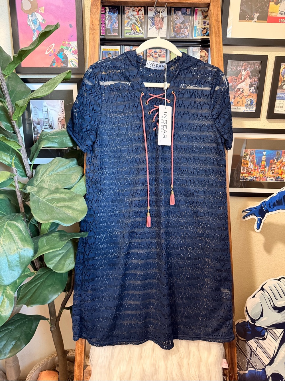 NWT In Gear Resorts Blue Hooded Lace Cover Up Dress with Pink Accents - Picture 2 of 3